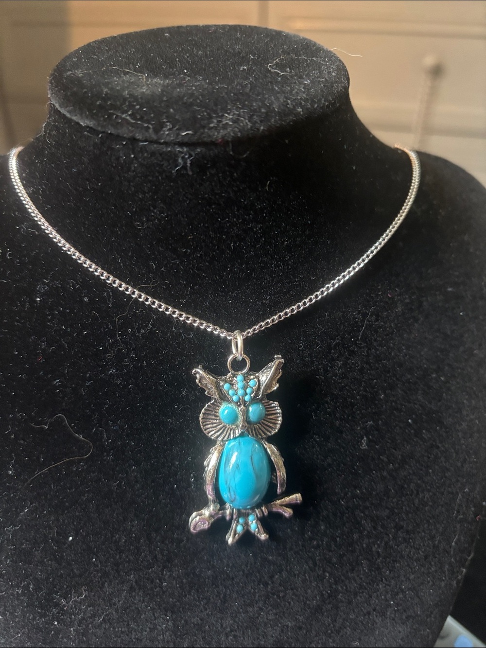 Turquoise Owl Pendant Necklace - Silver Tone Women’s Necklace